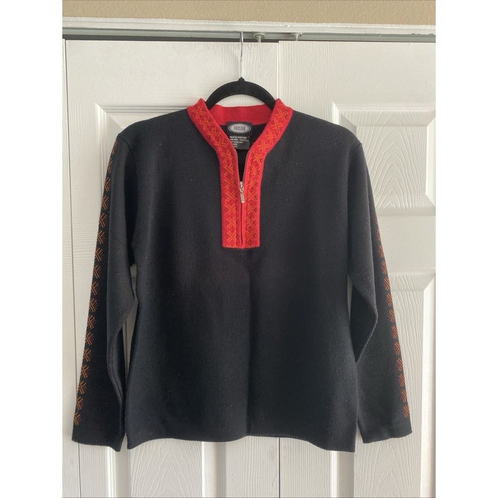 Meister Nordic Ski Sweater Womens S Black Wool Blend Quarter Zip Fair Isle Cabin